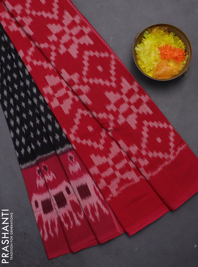 Ikat cotton saree black and pink with allover ikat butta weaves and long ikat border