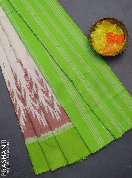 Ikat cotton saree off white and light green with allover ikat butta weaves and temple design simple border