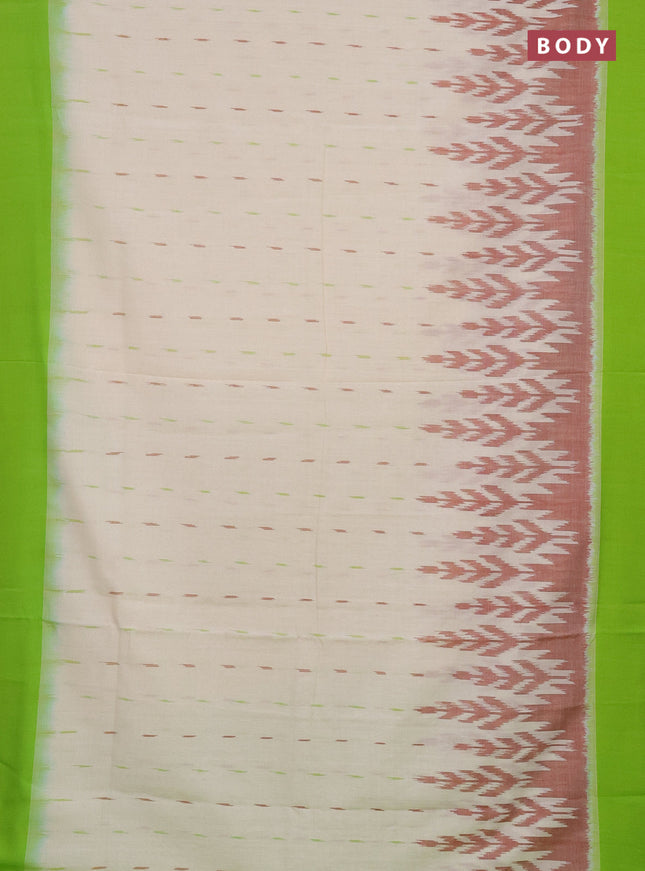 Ikat cotton saree off white and light green with allover ikat butta weaves and temple design simple border