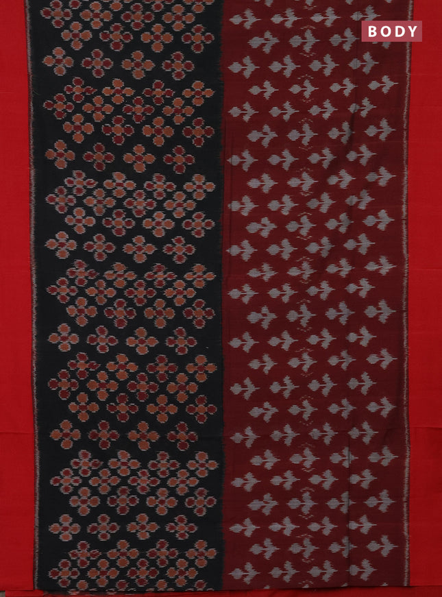 Ikat cotton saree maroon black and red with allover half & half style and simple border