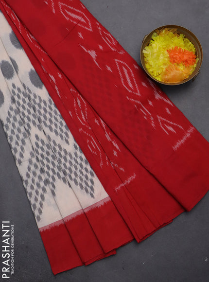 Ikat cotton saree off white and red with allover ikat butta weaves and simple border