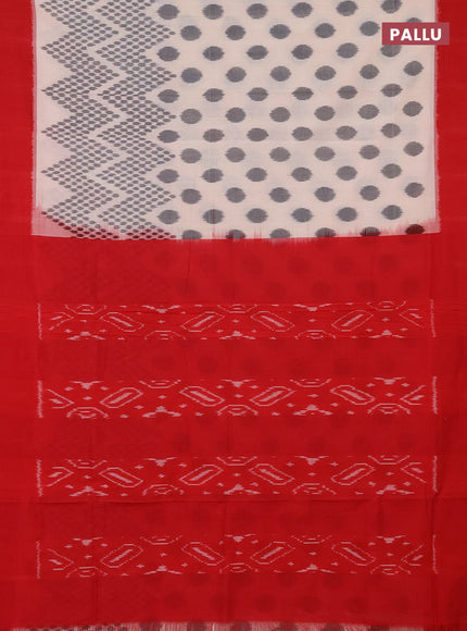 Ikat cotton saree off white and red with allover ikat butta weaves and simple border