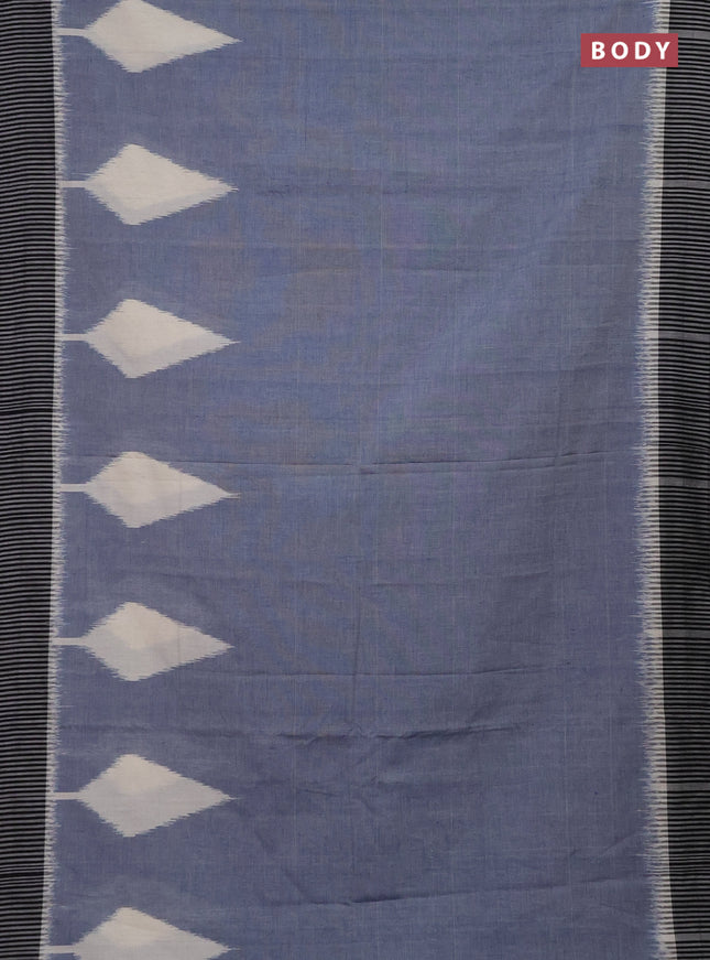 Ikat cotton saree bluish grey and black with plain body and simple border