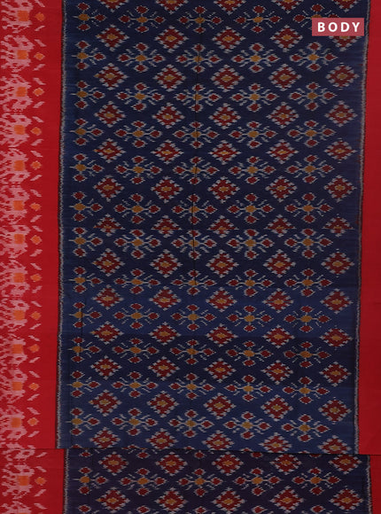 Ikat cotton saree peacock blue and red with allover ikat weaves and simple border