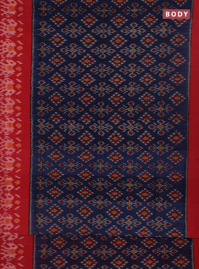 Ikat cotton saree peacock blue and red with allover ikat weaves and simple border