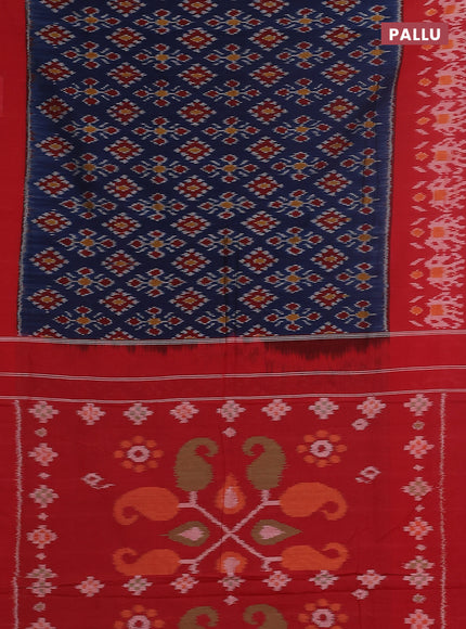 Ikat cotton saree peacock blue and red with allover ikat weaves and simple border