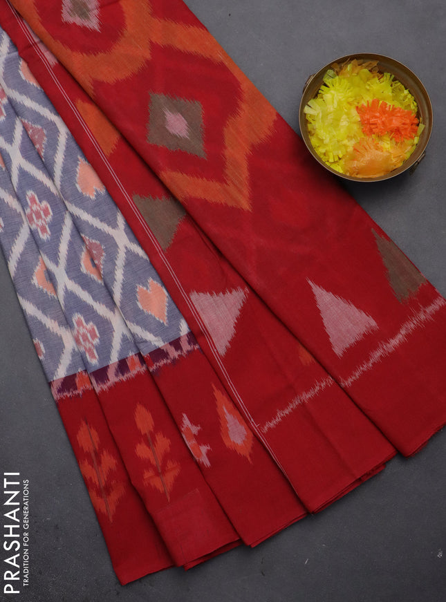Ikat cotton saree blue shade and red with allover ikat weaves and ikat border