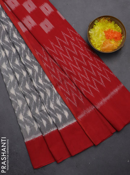 Ikat cotton saree grey and red with allover ikat weaves and simple border