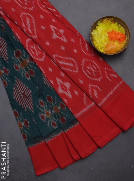 Ikat cotton saree peacock green and red with allover ikat weaves and simple border