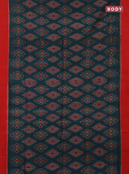 Ikat cotton saree peacock green and red with allover ikat weaves and simple border