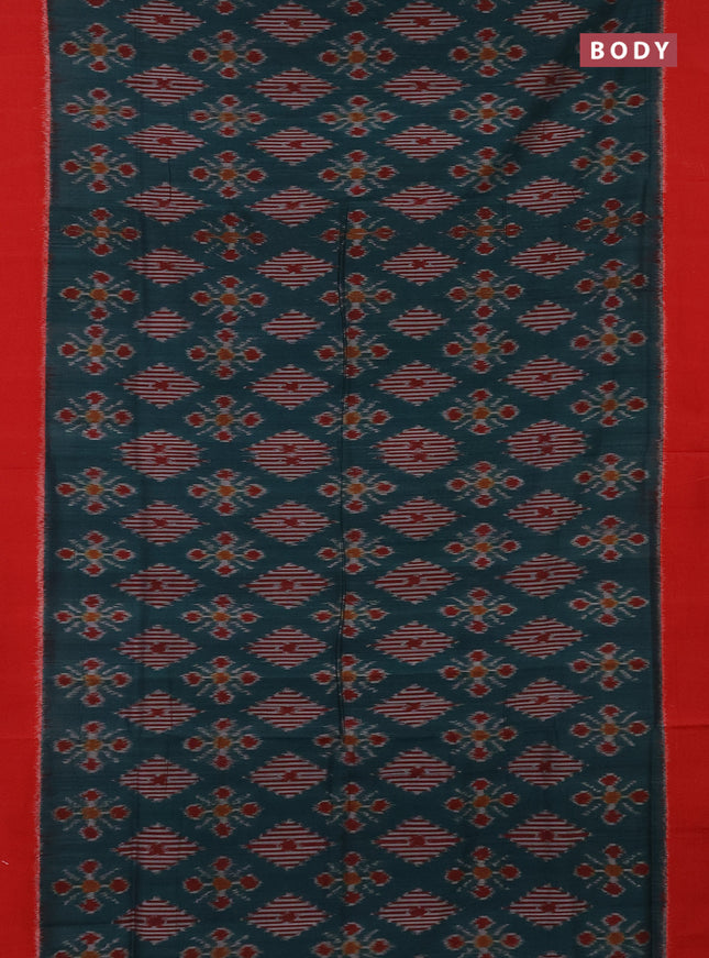 Ikat cotton saree peacock green and red with allover ikat weaves and simple border