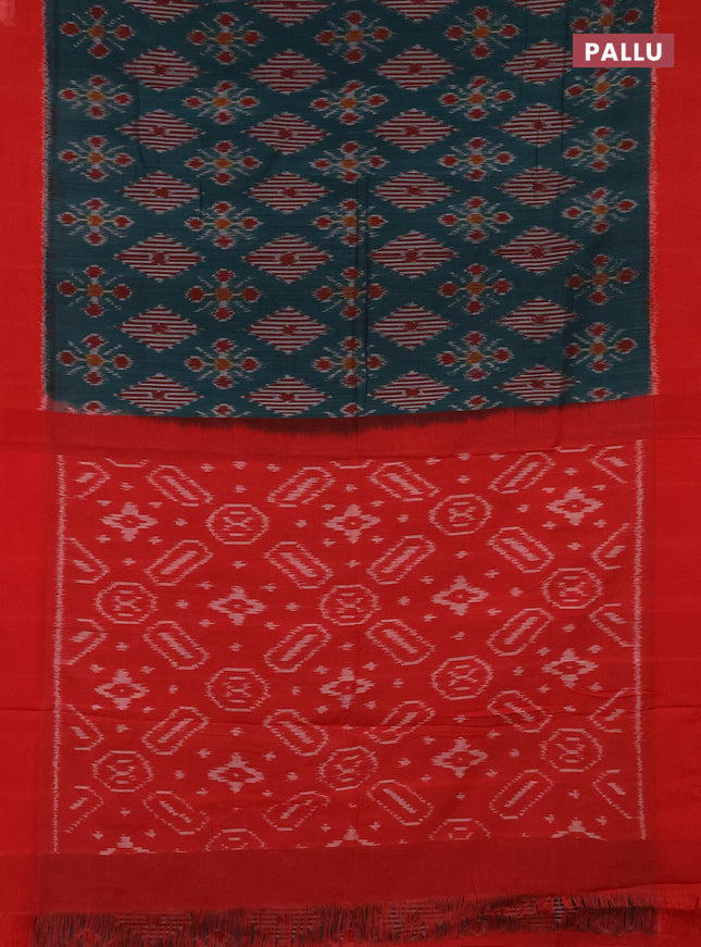 Ikat cotton saree peacock green and red with allover ikat weaves and simple border