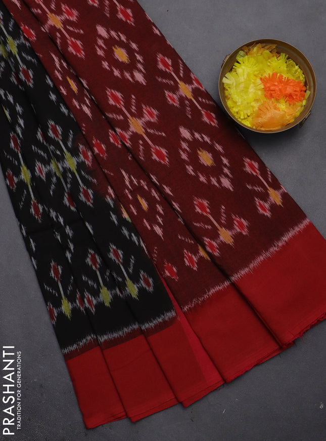 Ikat cotton saree black and red with allover ikat weaves and simple border