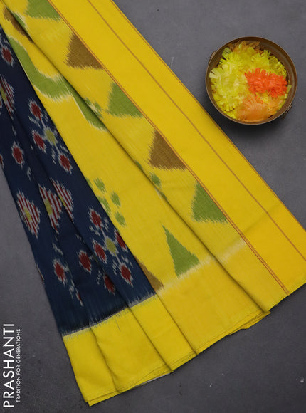 Ikat cotton saree peacock blue and yellow with allover ikat butta weaves and simple border