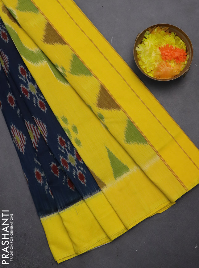 Ikat cotton saree peacock blue and yellow with allover ikat butta weaves and simple border