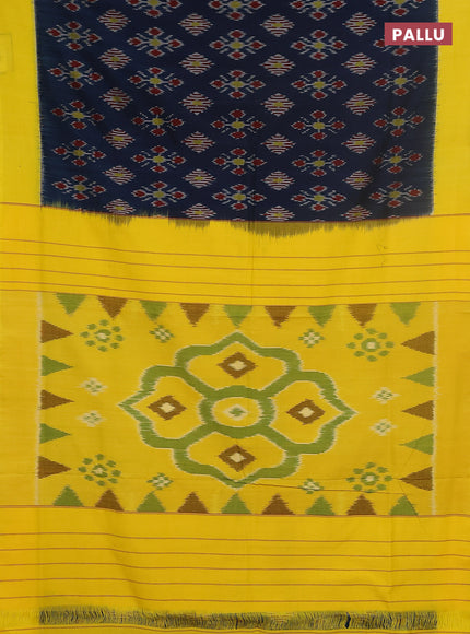 Ikat cotton saree peacock blue and yellow with allover ikat butta weaves and simple border