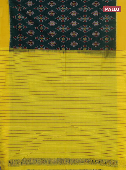 Ikat cotton saree bottle green and yellow with allover ikat butta weaves and simple border