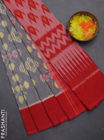 Ikat cotton saree grey and red with allover ikat butta weaves and simple border