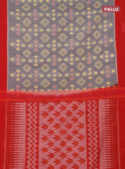 Ikat cotton saree grey and red with allover ikat butta weaves and simple border