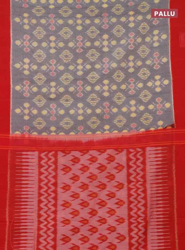 Ikat cotton saree grey and red with allover ikat butta weaves and simple border