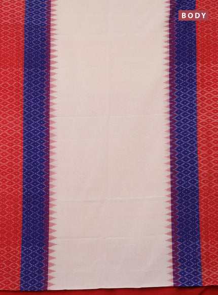 Ikat cotton saree cream and blue red with plain body and long ikat style border