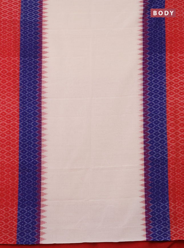 Ikat cotton saree cream and blue red with plain body and long ikat style border