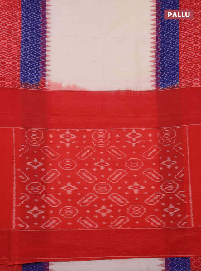 Ikat cotton saree cream and blue red with plain body and long ikat style border