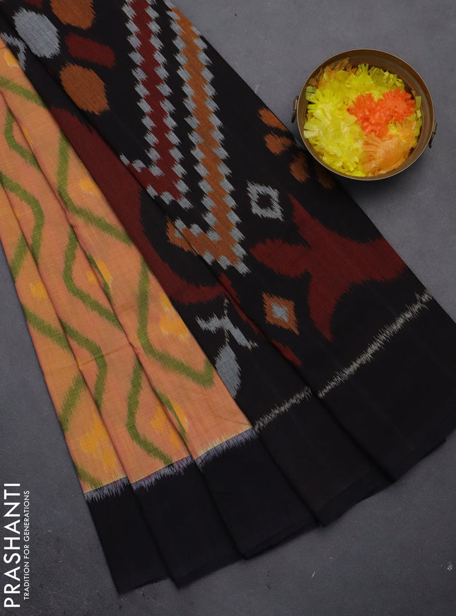 Ikat cotton saree dual shade of yellowish pink and black with allover ikat butta weaves and simple border