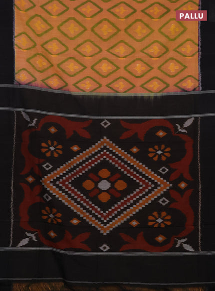Ikat cotton saree dual shade of yellowish pink and black with allover ikat butta weaves and simple border