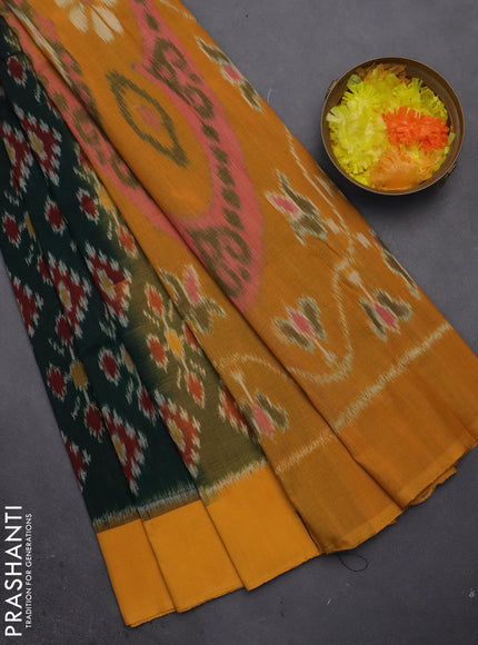 Ikat cotton saree bottle green and mango yellow with allover ikat butta weaves and long ikat style border