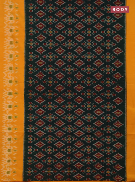 Ikat cotton saree bottle green and mango yellow with allover ikat butta weaves and long ikat style border