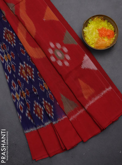 Ikat cotton saree dak blue and red with allover ikat butta weaves and long ikat style border