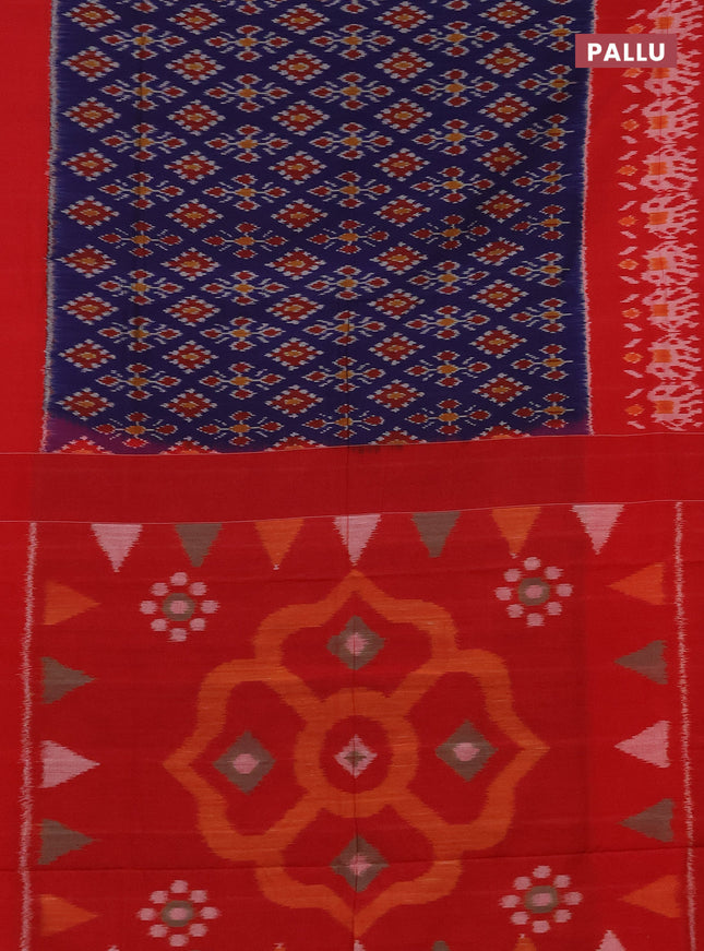 Ikat cotton saree dak blue and red with allover ikat butta weaves and long ikat style border