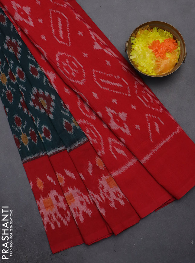 Ikat cotton saree peacock green and red with allover ikat butta weaves and long ikat style border
