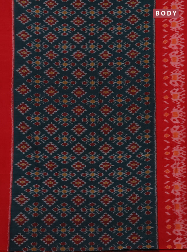 Ikat cotton saree peacock green and red with allover ikat butta weaves and long ikat style border