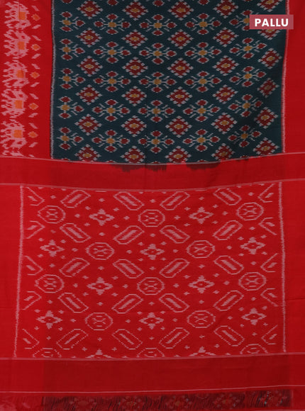 Ikat cotton saree peacock green and red with allover ikat butta weaves and long ikat style border
