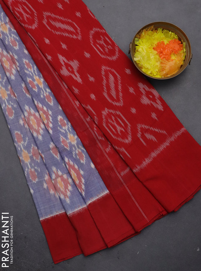 Ikat cotton saree blue shade and red with allover ikat butta weaves and long ikat style border