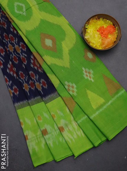 Ikat cotton saree navy blue and light green with allover ikat butta weaves and long ikat style border