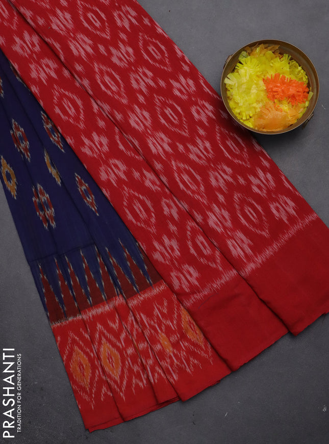 Ikat cotton saree blue and red with allover ikat butta weaves and temple design ikat style border