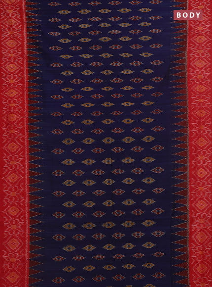Ikat cotton saree blue and red with allover ikat butta weaves and temple design ikat style border