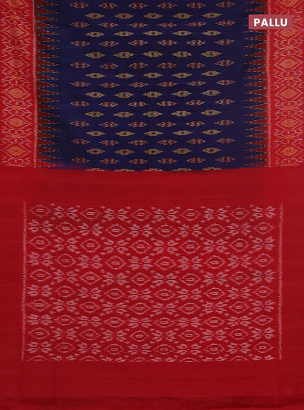 Ikat cotton saree blue and red with allover ikat butta weaves and temple design ikat style border