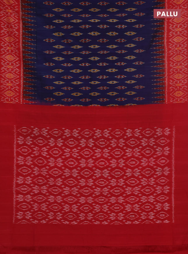Ikat cotton saree blue and red with allover ikat butta weaves and temple design ikat style border