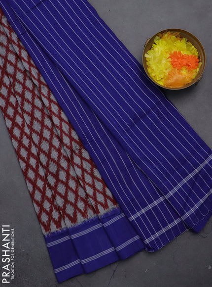 Ikat cotton saree maroon grey and blue with allover ikat butta weaves and rettapet border