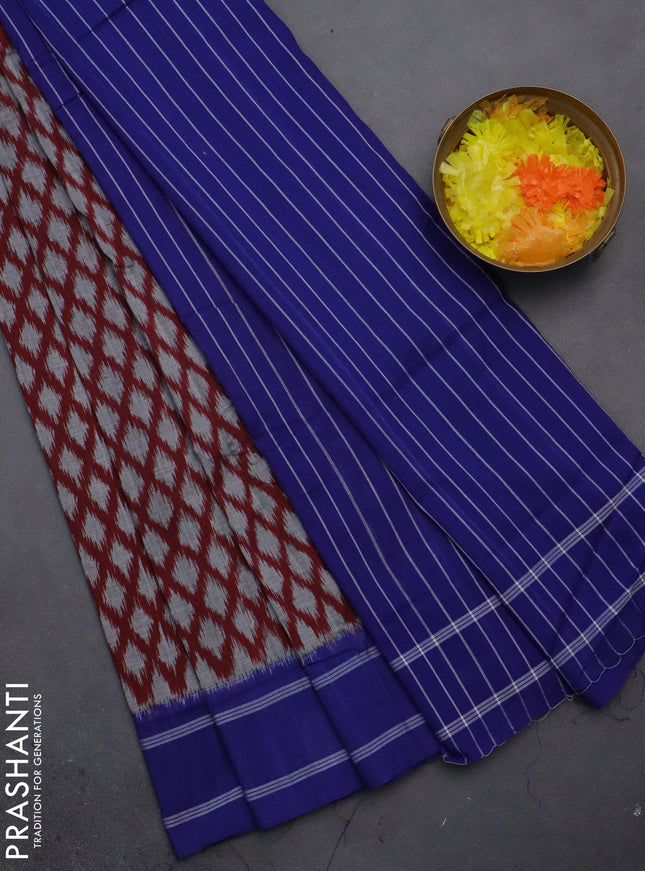 Ikat cotton saree maroon grey and blue with allover ikat butta weaves and rettapet border