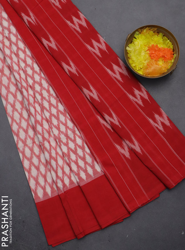Ikat cotton saree red off white and red with allover ikat butta weaves and simple border