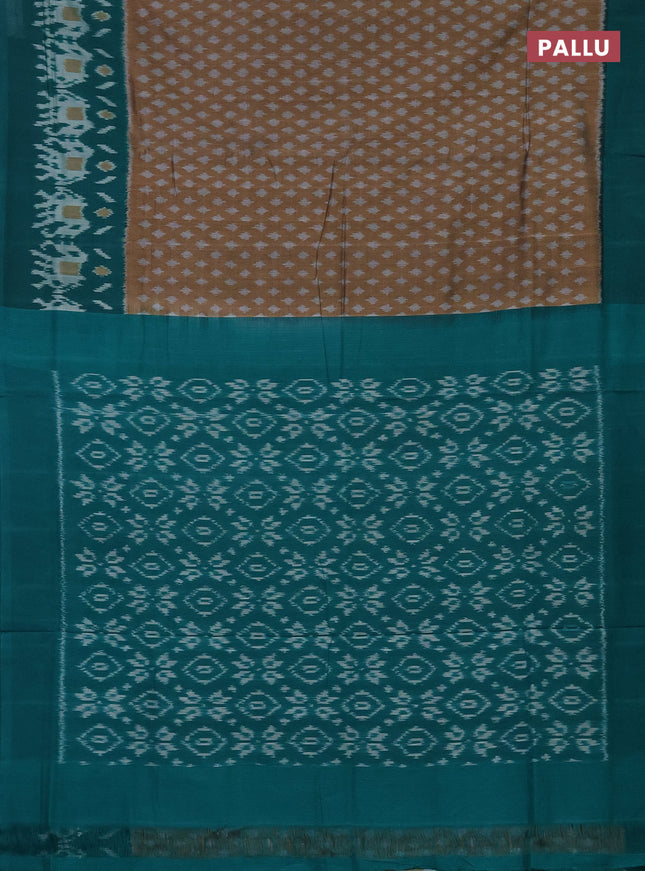 Ikat cotton saree dark sandal and teal green with allover ikat butta weaves and long ikat style border