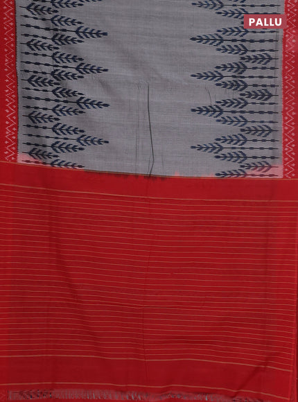 Ikat cotton saree grey and kumkum red with plain body and ikat style border