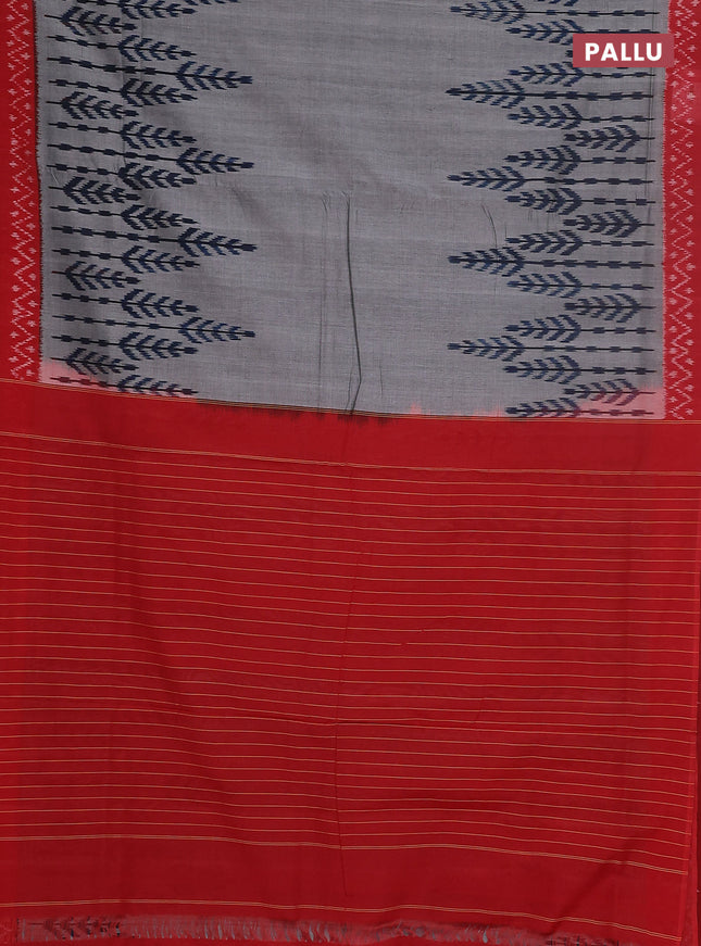 Ikat cotton saree grey and kumkum red with plain body and ikat style border