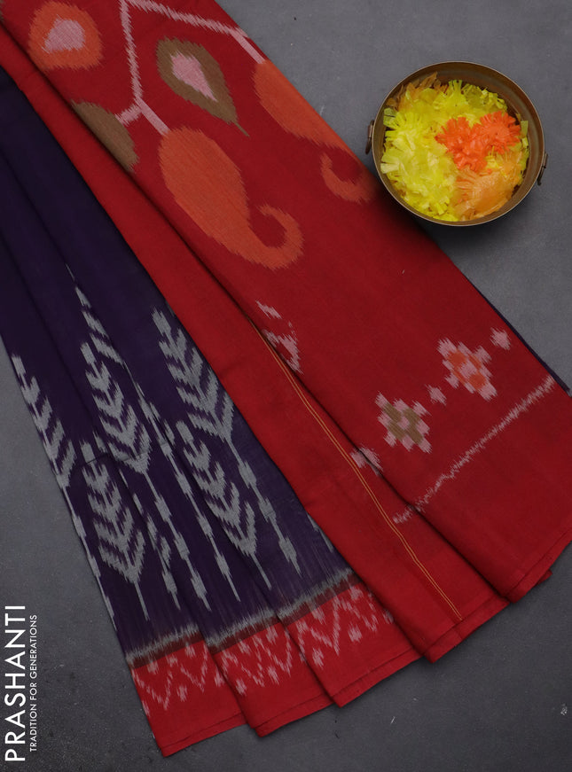 Ikat cotton saree deep violet and red with allover ikat weaves and simple border