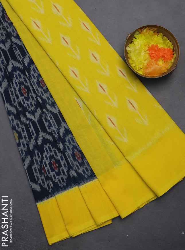 Ikat cotton saree peacock blue and yellow with allover ikat weaves and simple border